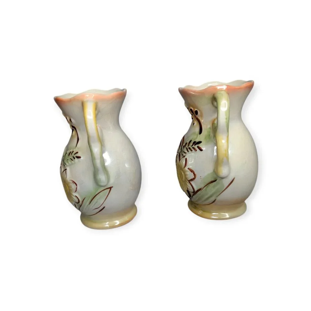 Vintage Ceramic Lusterware Floral Double Handle Vase Brazil Set of 2 5